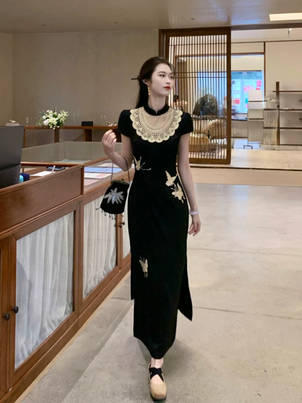 ZIHE Retro Satin Butterfly Dress