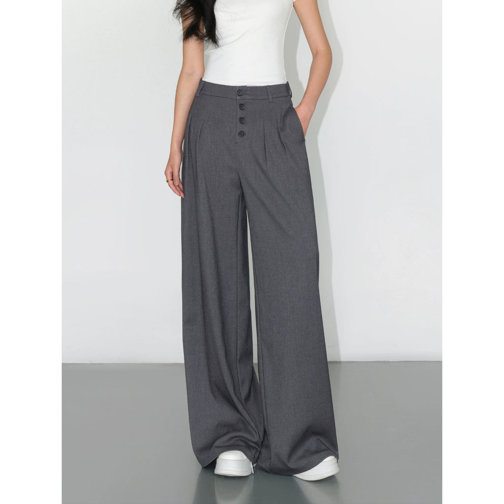 NEVA HU Casual High-waisted Drape Loose Straight Floor Pants