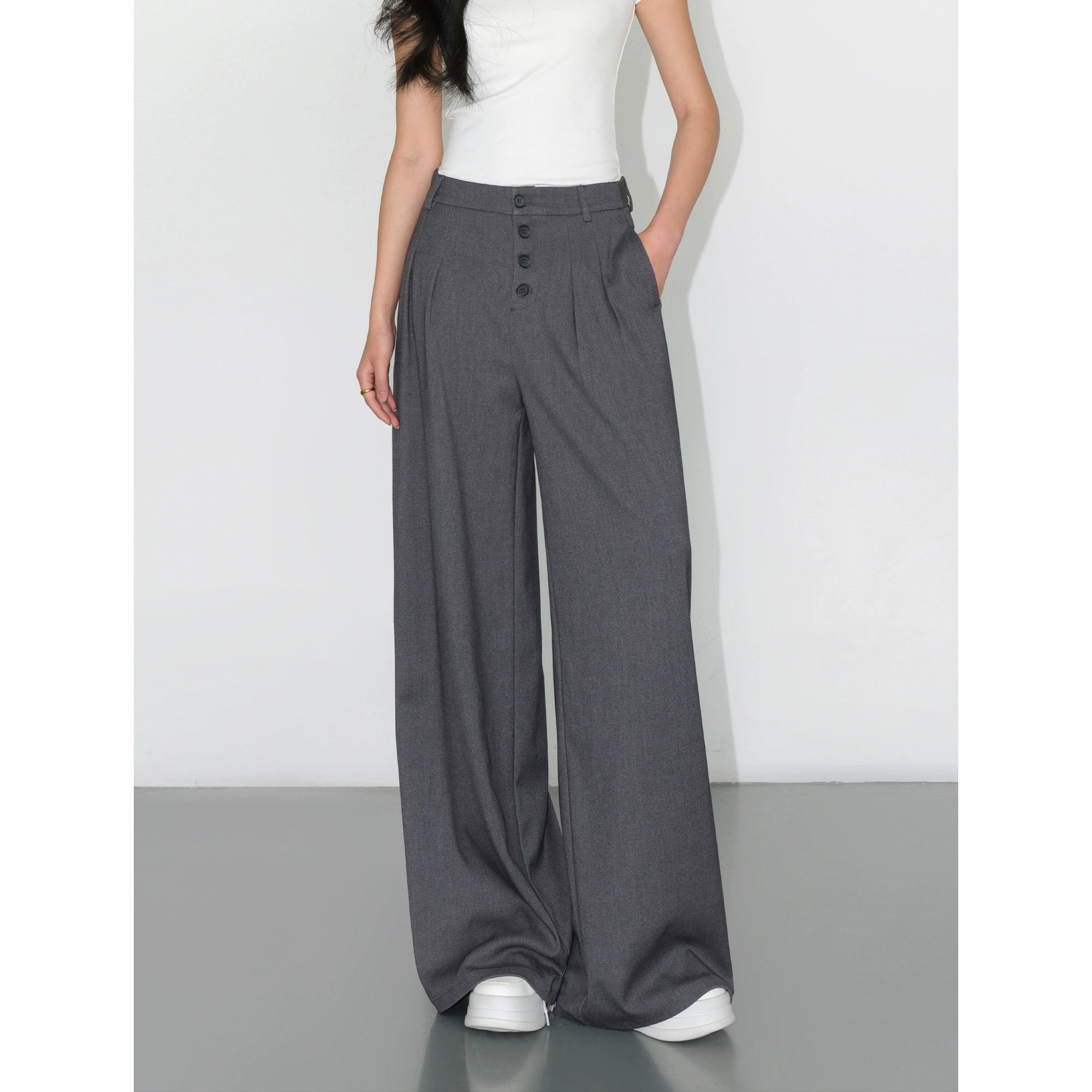 NEVA HU Casual High-waisted Drape Loose Straight Floor Pants