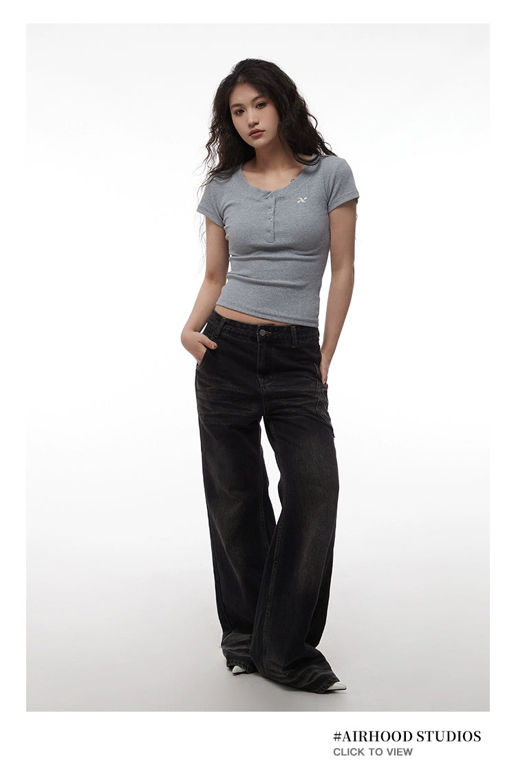 AIRHOOD Slim Fit Button V Neck Tee