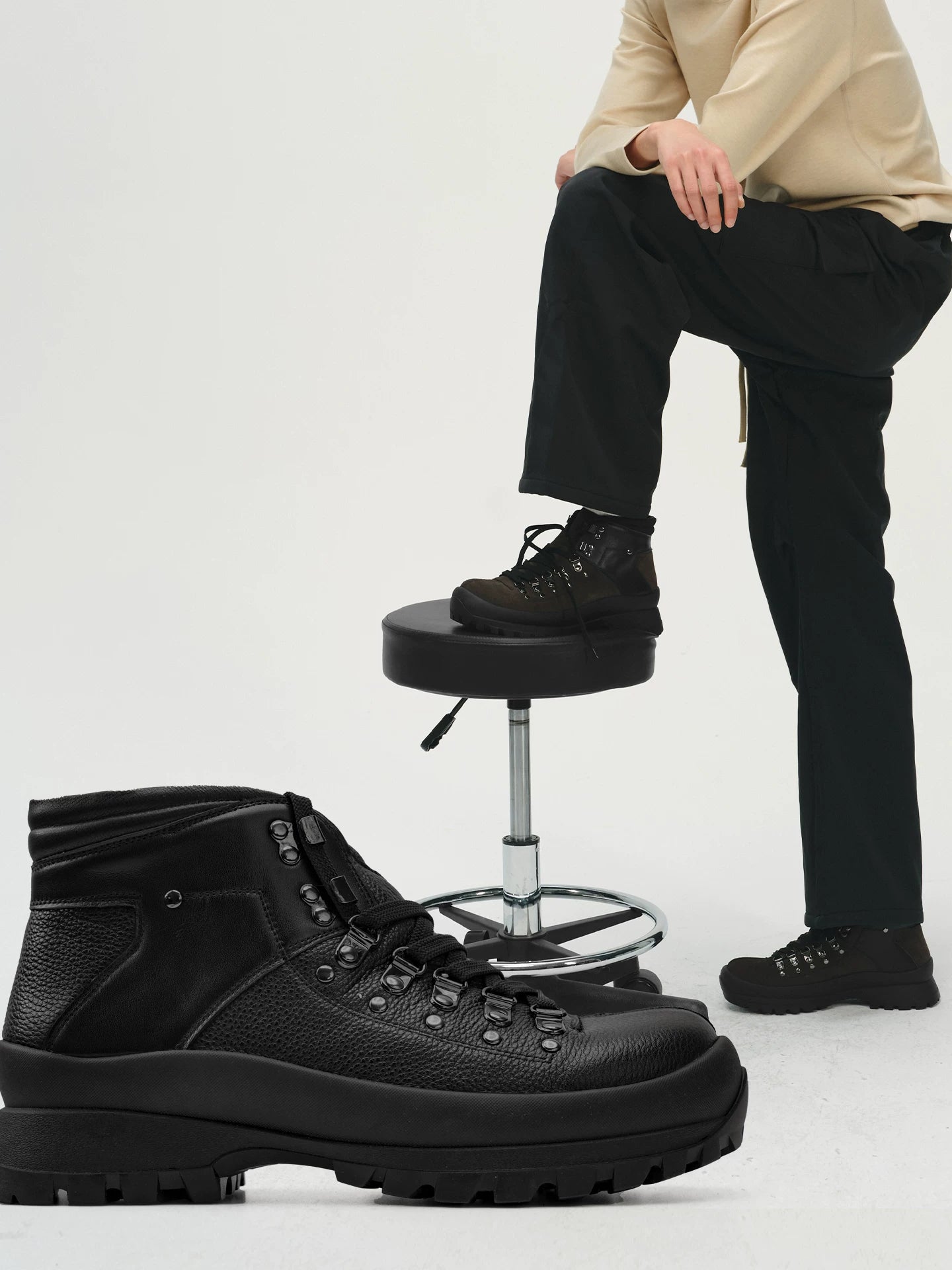 No Logo Patchwork Calfskin Hiking Boots