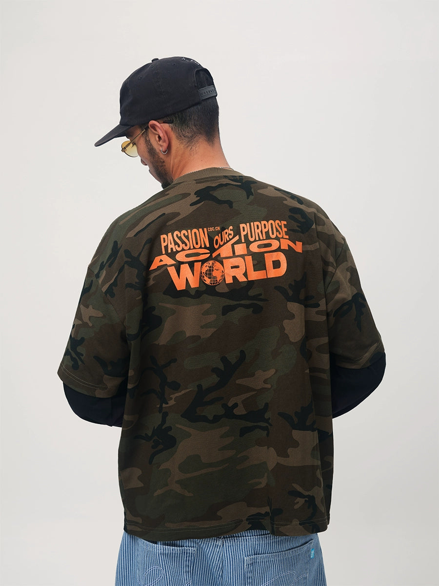 ComicTree Camouflage Stitching Fake Two-piece Letter Long Sleeve