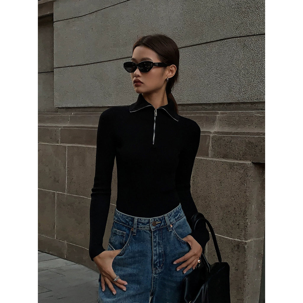 OUSPH Slim-fit Polo Neck Zipper Long-sleeved Knitted Sweater