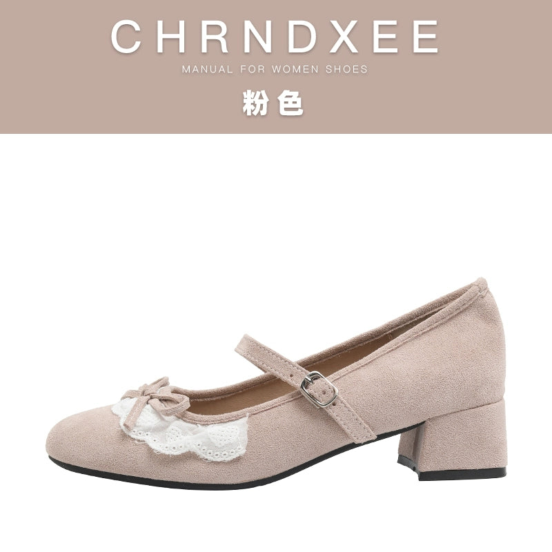 CHRNDXEE Sweet Wind Bow Lace Mid-heel Shoes
