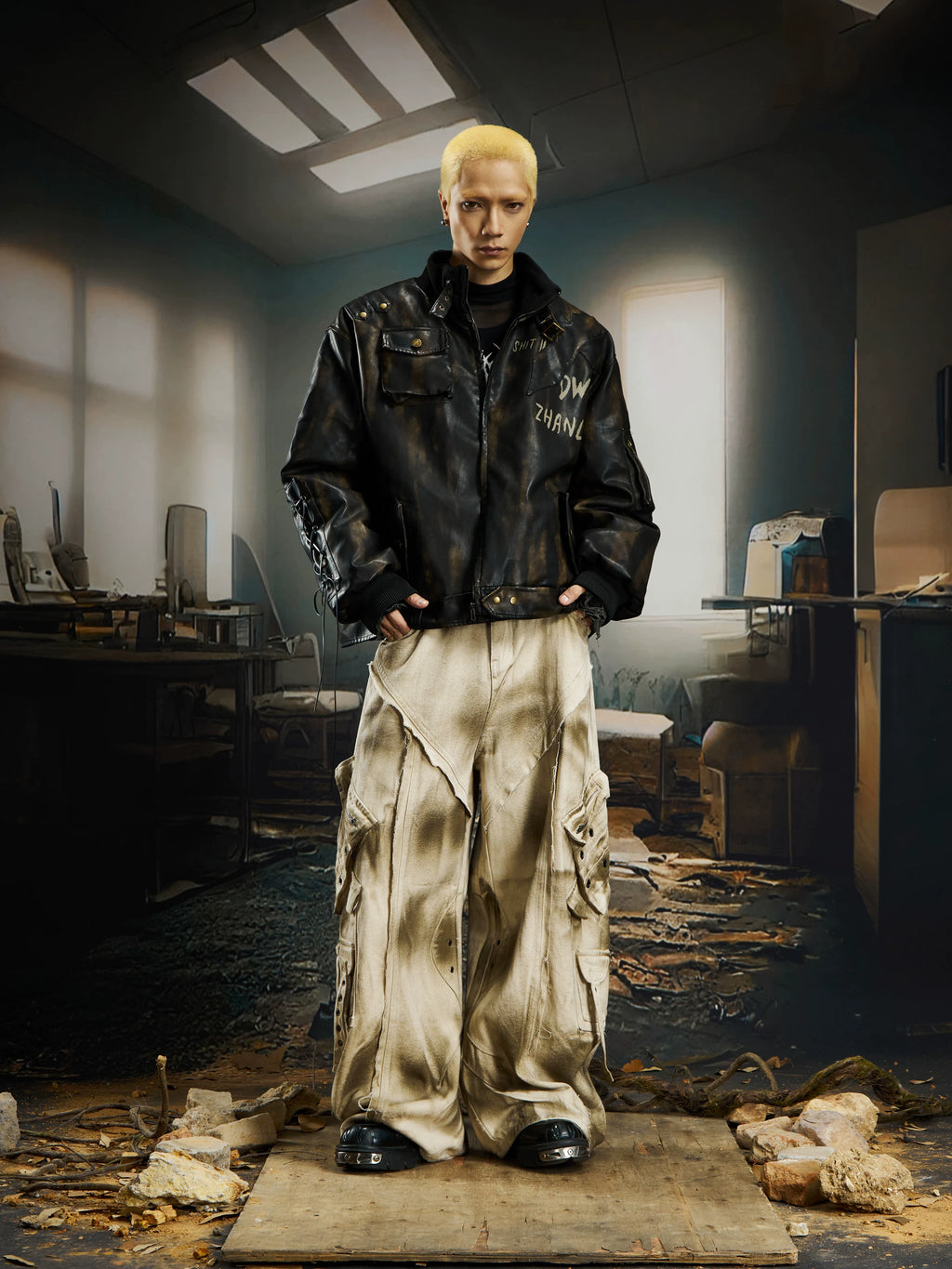 NOMANIAI Inkjet Washing Water Multi-pocket Wasteland Wind Overalls Jeans