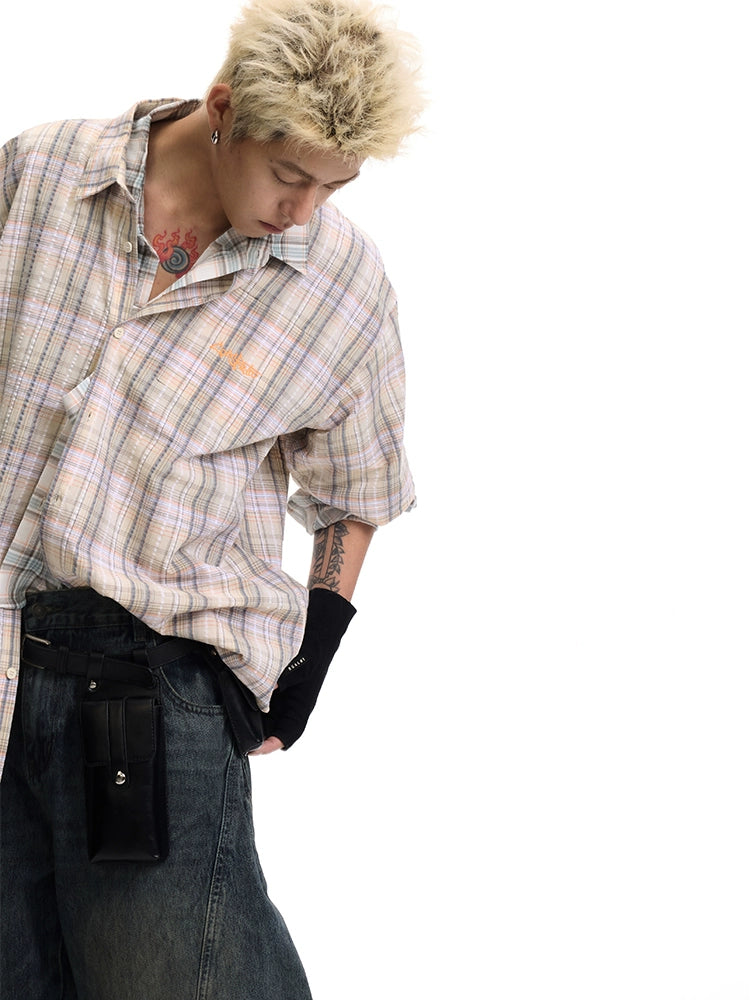 CoosRetro Embroidered Plaid Short Sleeve Shirt