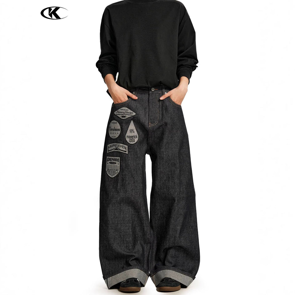 11KN 11 oz Wide-Leg Denim Jeans with Embroidered Patches