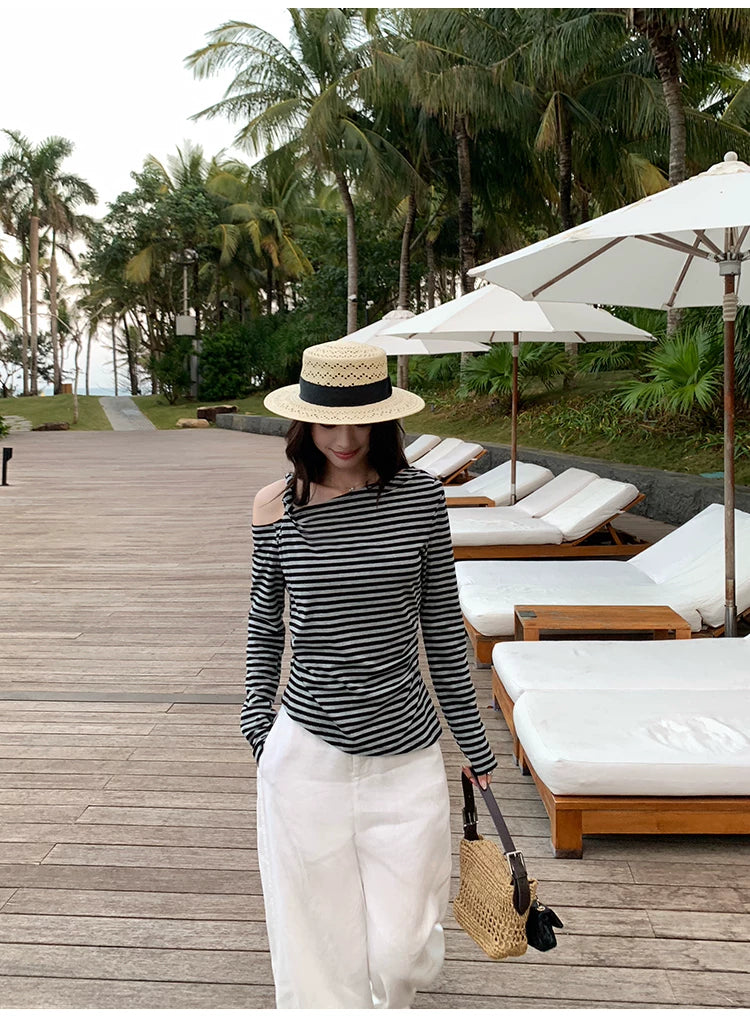 Pusumede Casual Versatile Slash Shoulder Knitted Long Sleeve