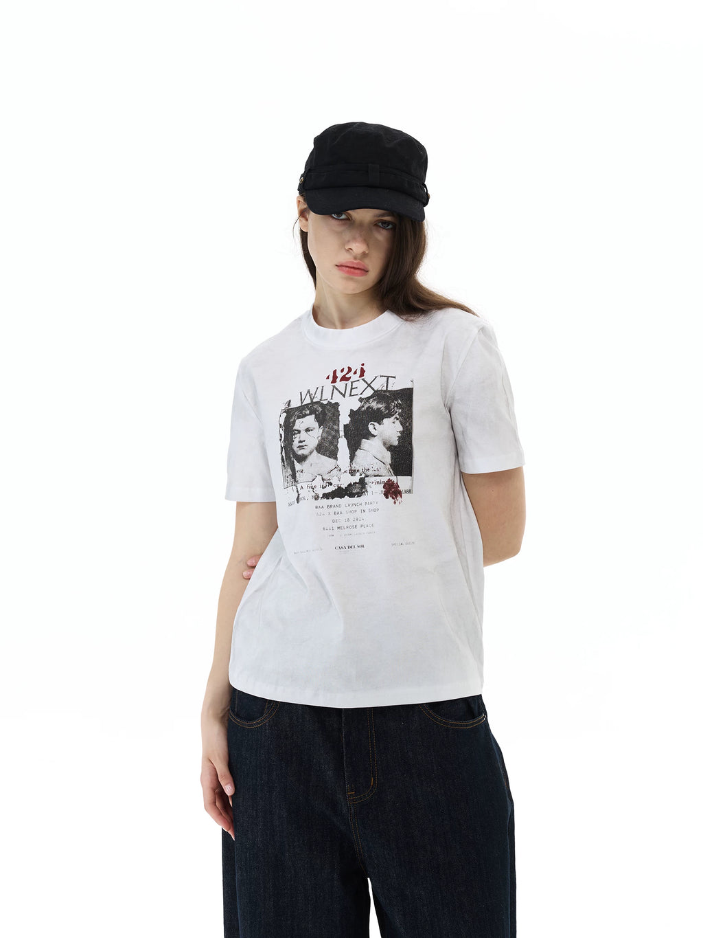 WLNEXT Retro Front Shoulder Doing Old Casual Tee