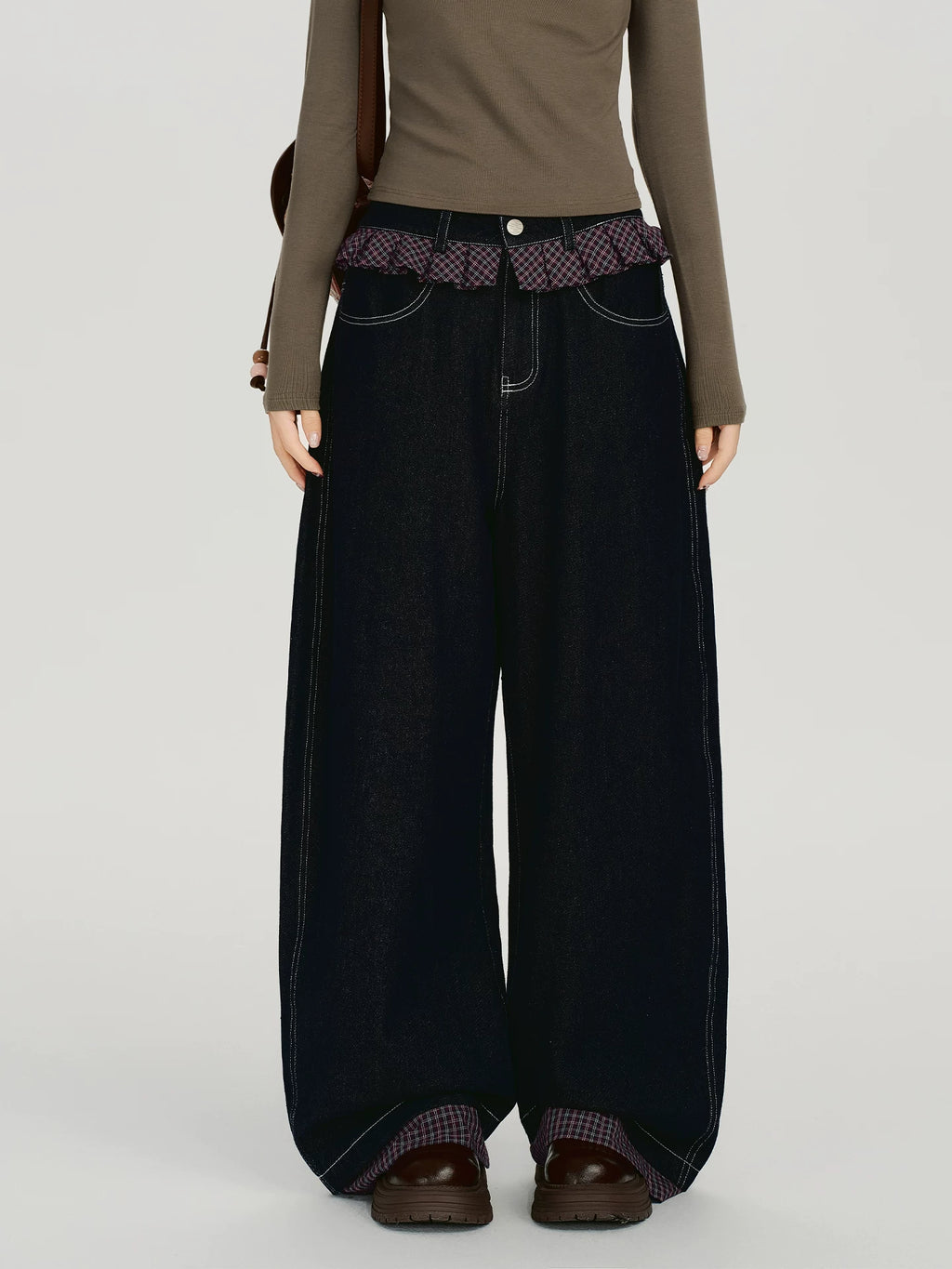 Girlyhalo Vintage Checked Lace Splicing Denim Scimitar Pants