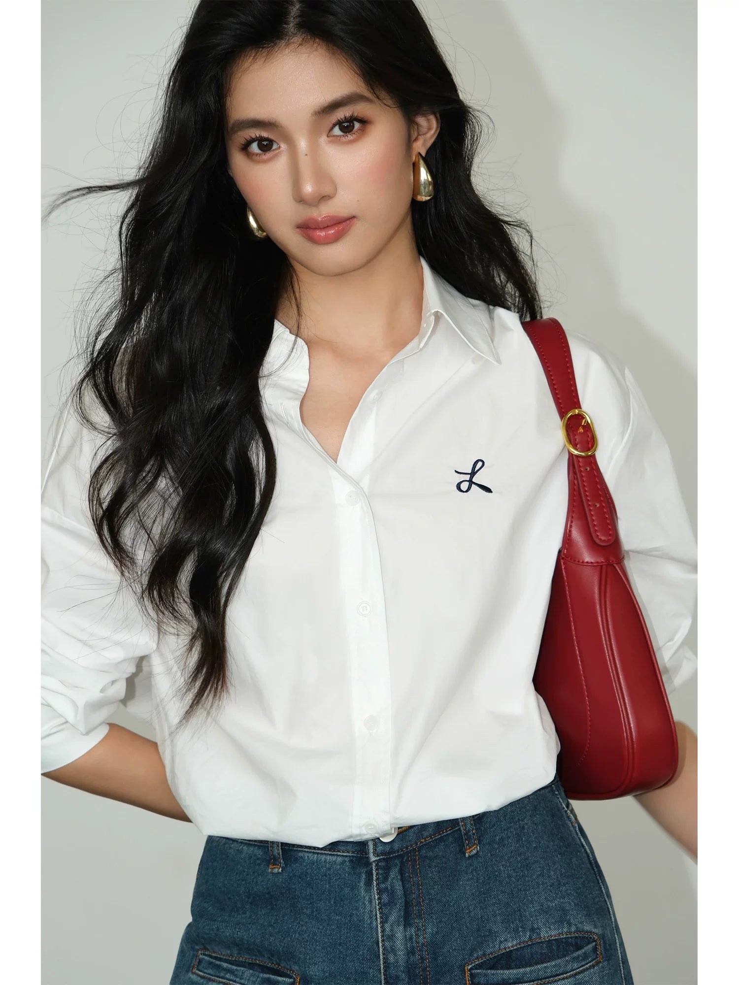 NEVA HU Embroidered Design Versatile Long-sleeved Shirt