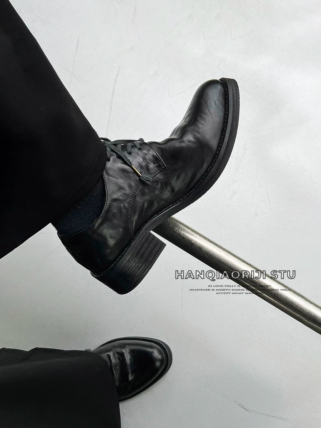 HANQIAORJI Pleated First-layer Cowhide Thick-soled Pointed Leather Shoes