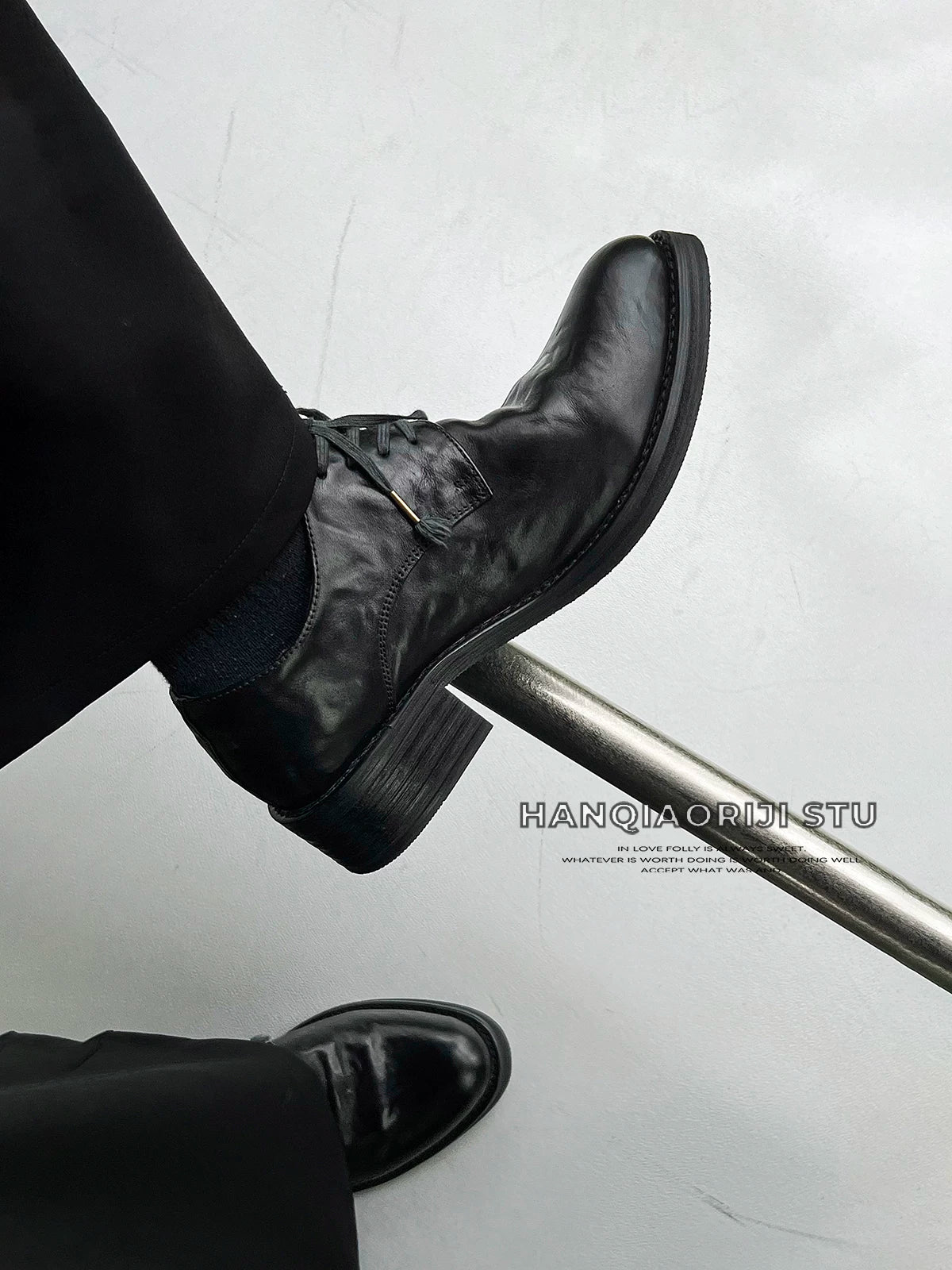 HANQIAORJI Pleated First-layer Cowhide Thick-soled Pointed Leather Shoes