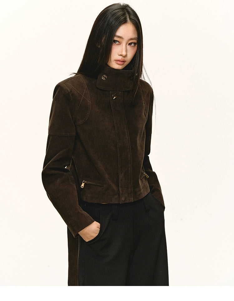 Anna Aneae Stand-up Collar Suede PU Jacket