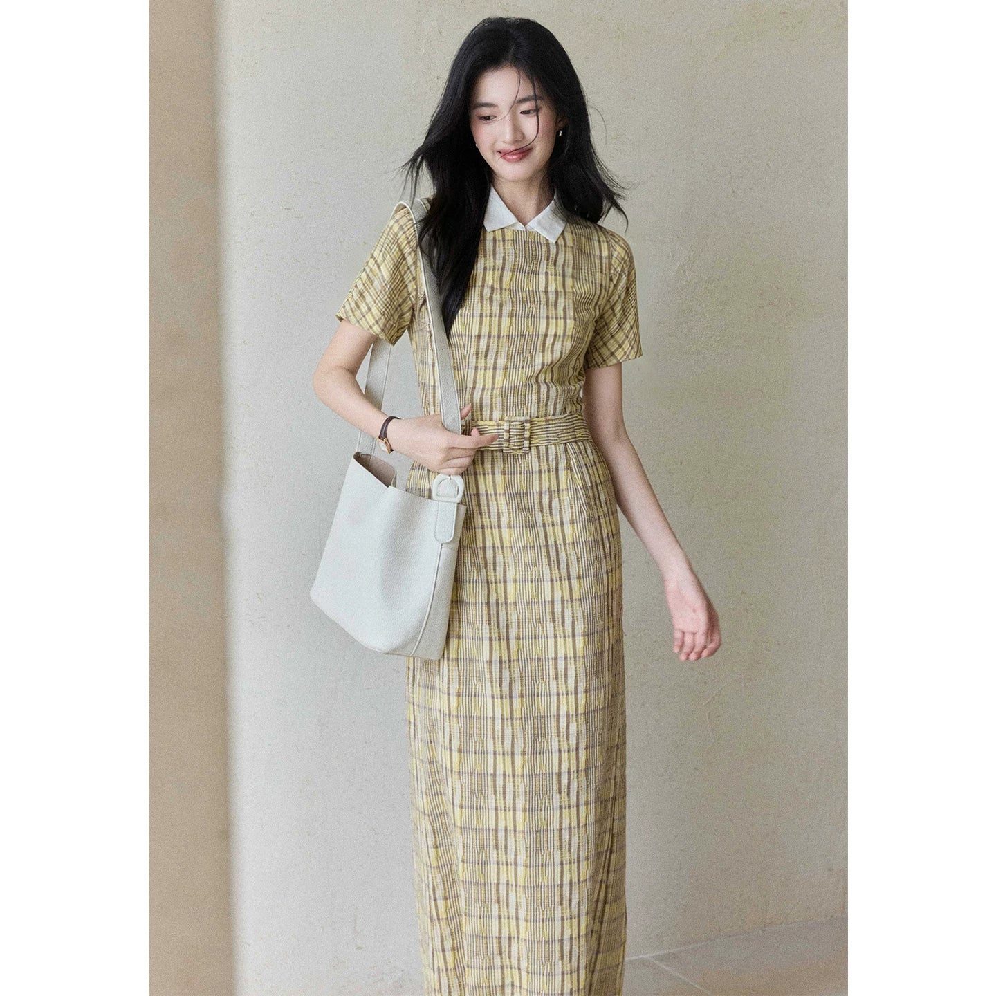 TYANG Plaid Lapel Temperament Sleeveless Dress