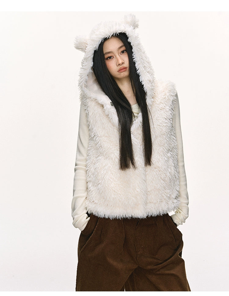 Anna Aneae Bear Ears Cute Hooded Short Fluffy Vest
