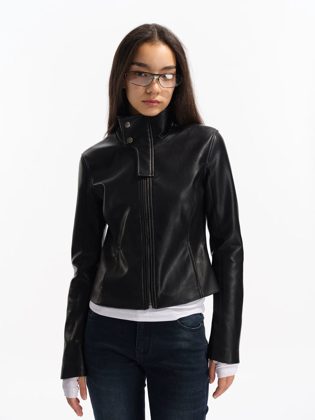 Two Little Guys Stand-up Collar Waist Leather Jacket
