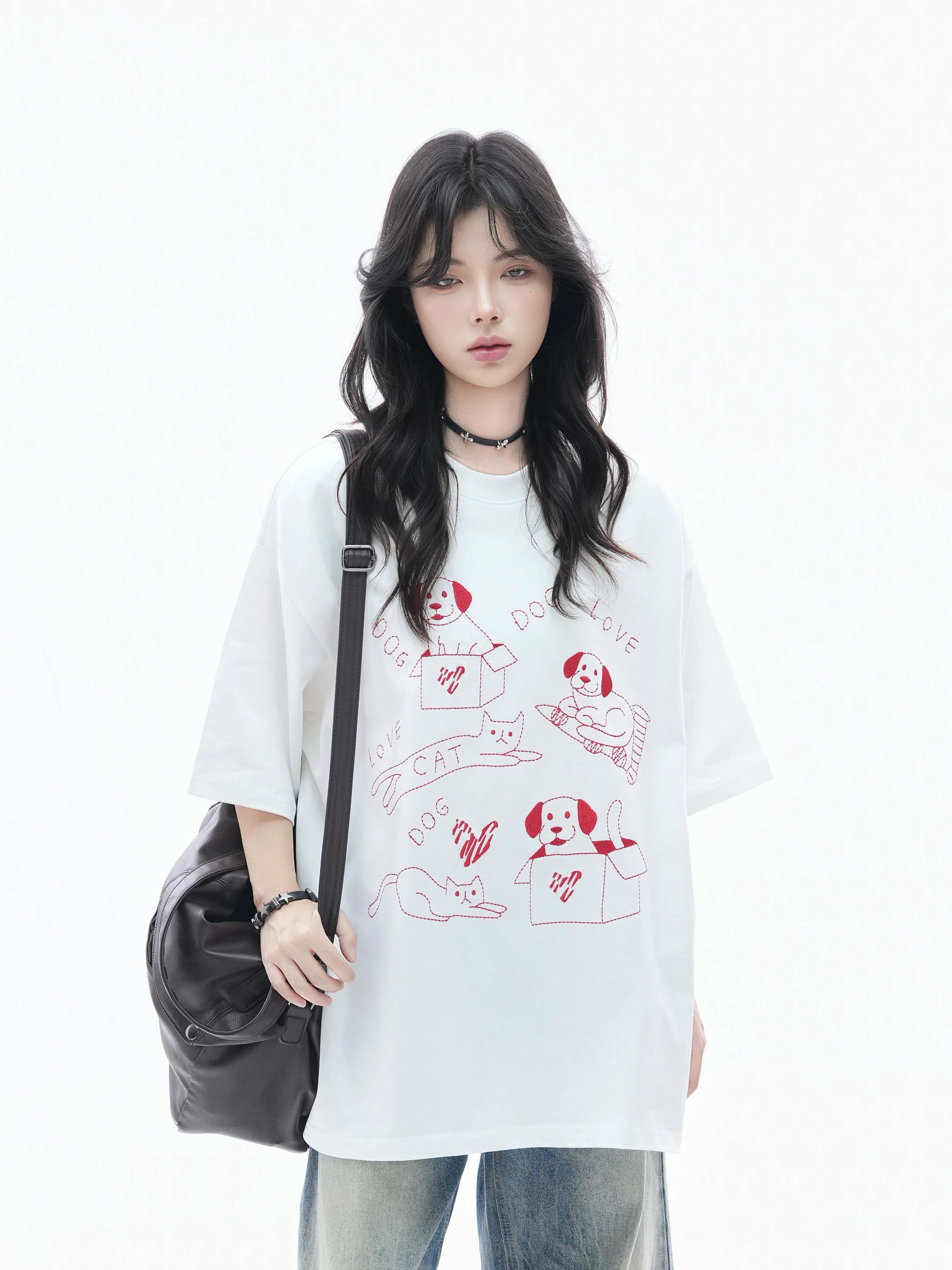 Zuocisankon Lazy Shoulder Fun Cute Cat Embroidery Tee