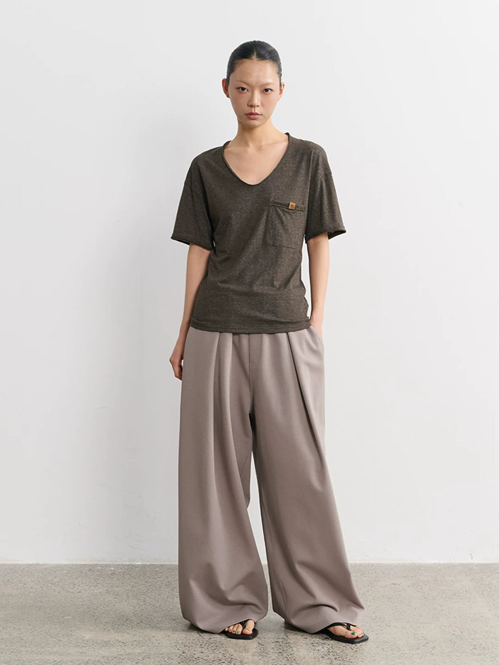 LINY LIBERTY Vintage V-neck Slack Hemming Casual Tee
