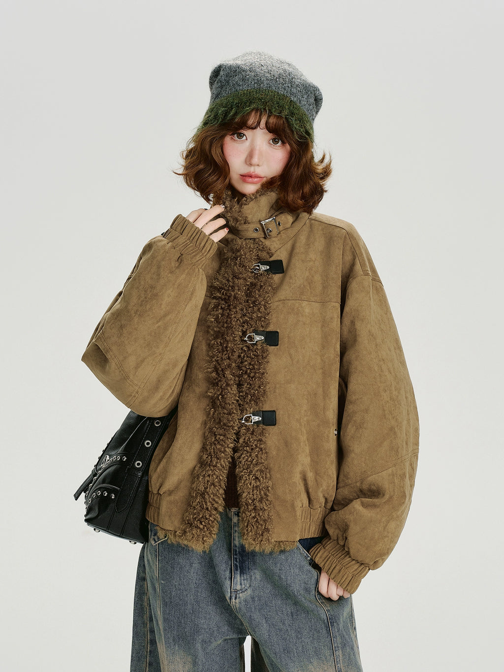 Girlyhalo Vintage Lamb Feather Patchwork Jacket