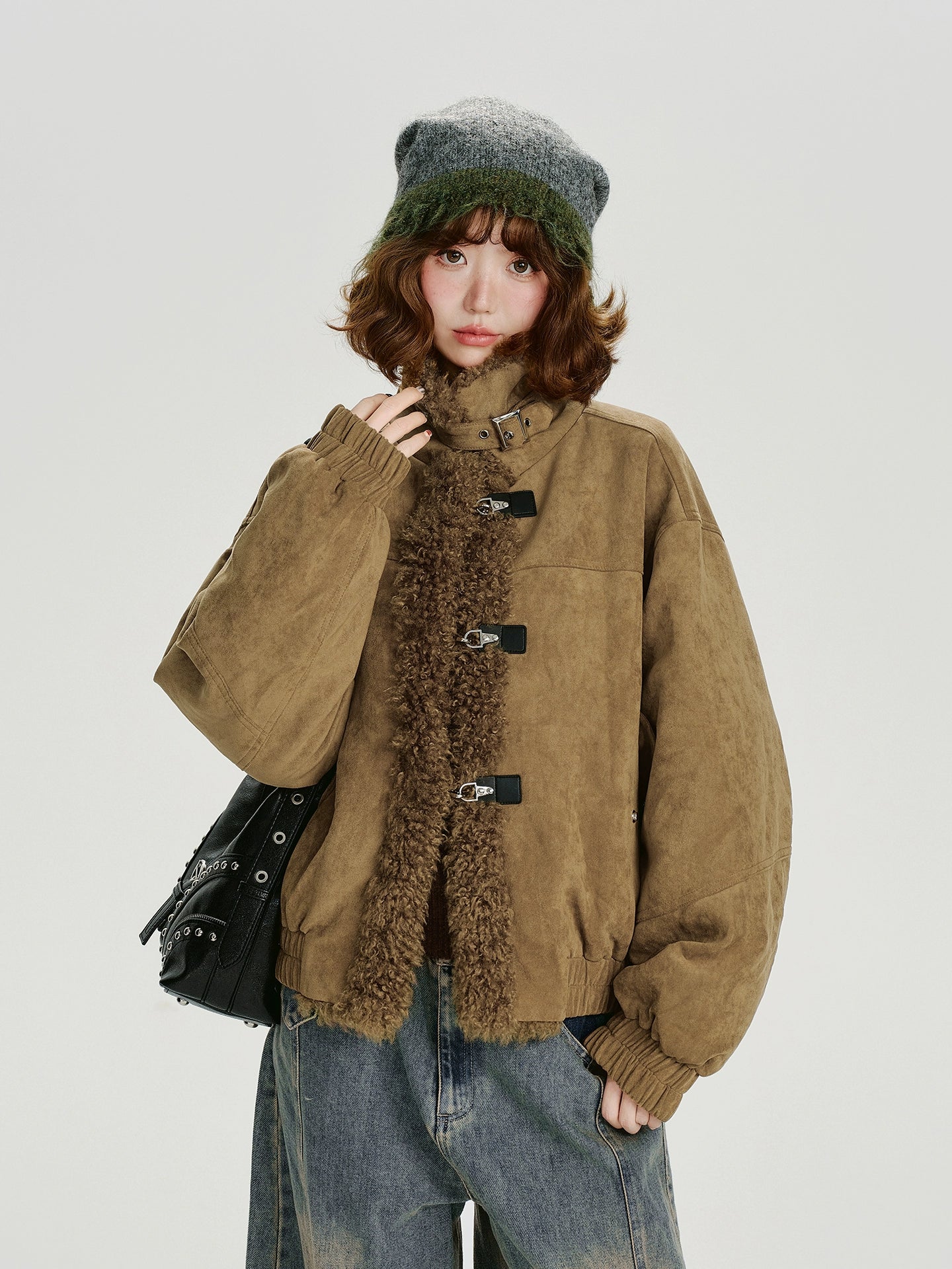 Girlyhalo Vintage Lamb Feather Patchwork Jacket