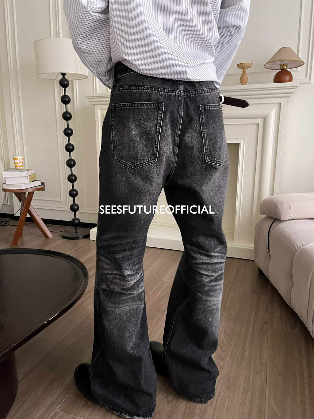 Seesfuture Water Loose Straight White Burr Jeans