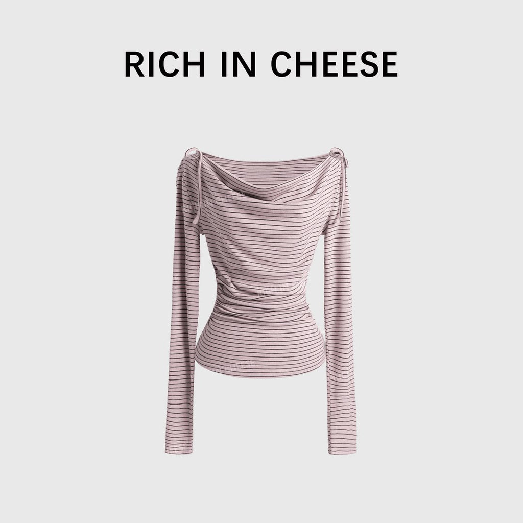 RICH IN CHEESE Striped Bow Knitted Long Sleeve