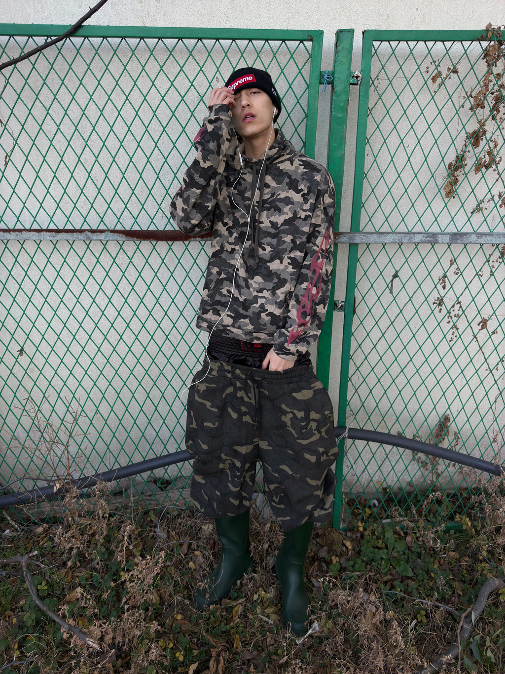 noEmosen flame camouflage waffle hooded fit street sweater