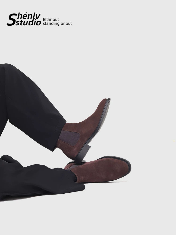 SHENLV STUDIO Fur Leather Short Boots Pointed High-top Chelsea Boots