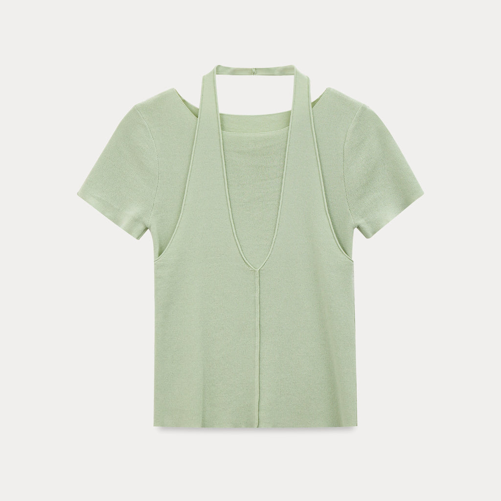 EGGKA Neck Fake Two Knitted Tee