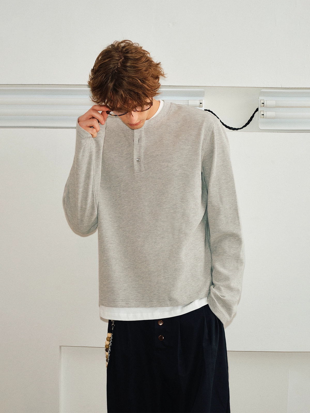 KREATE Waffle Henry Collar Fake Two Long Sleeves