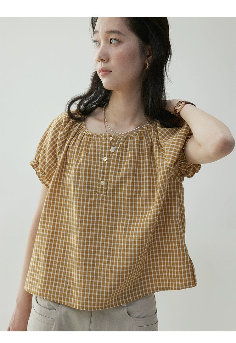 VOOE Vintage Plaid Loose Casual Bubble Sleeve Shirt