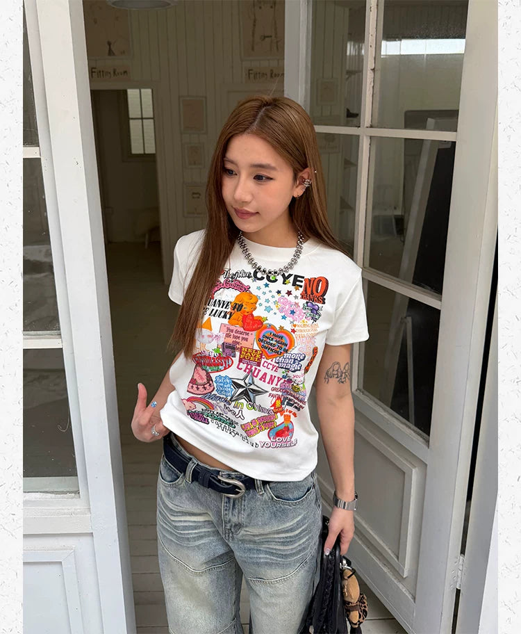 CCYE Graffiti Print Front Shoulder Thin Tee