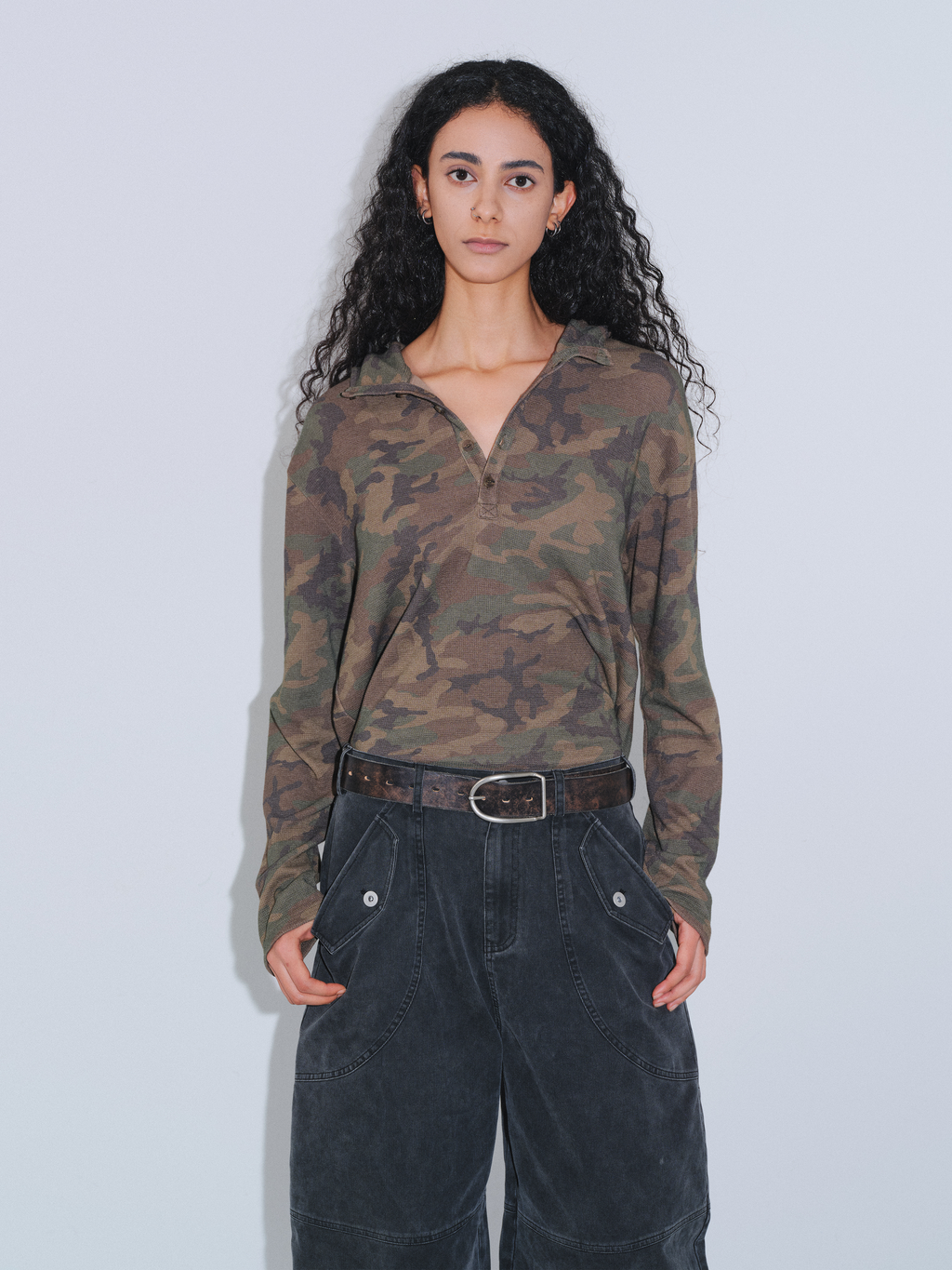 VLABMADE Waffle Green Camouflage Contrast Hooded Long Sleeve