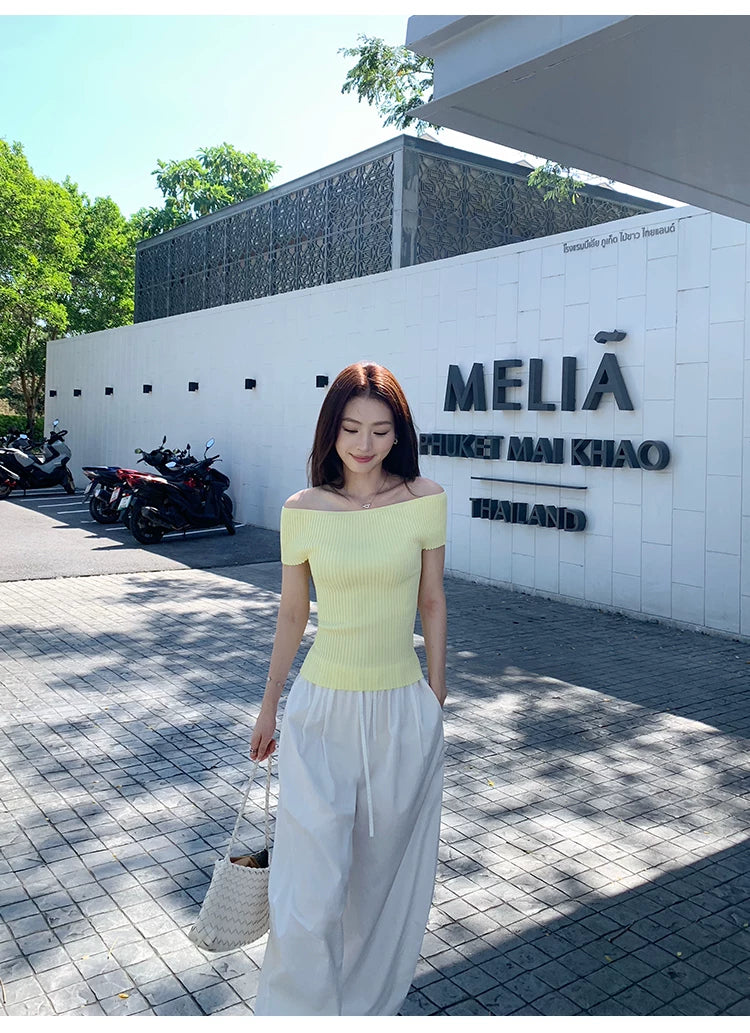 Pusumede Shoulder Slim Short Knitted tee