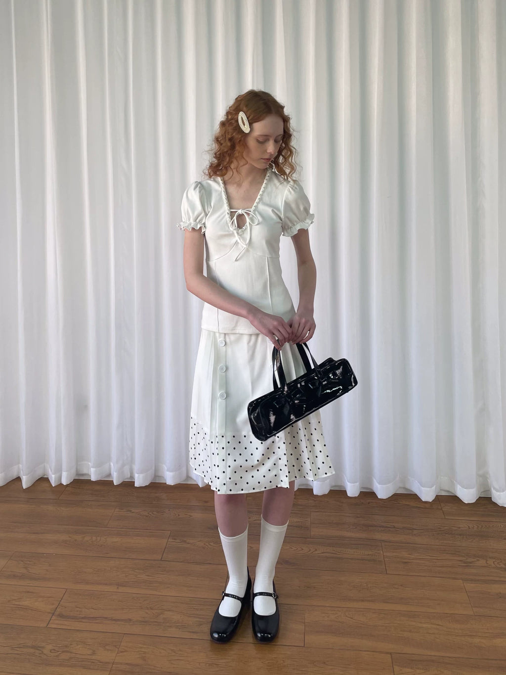 Loosesmell Double Breasted Splicing Polka Dot Crease Skirt