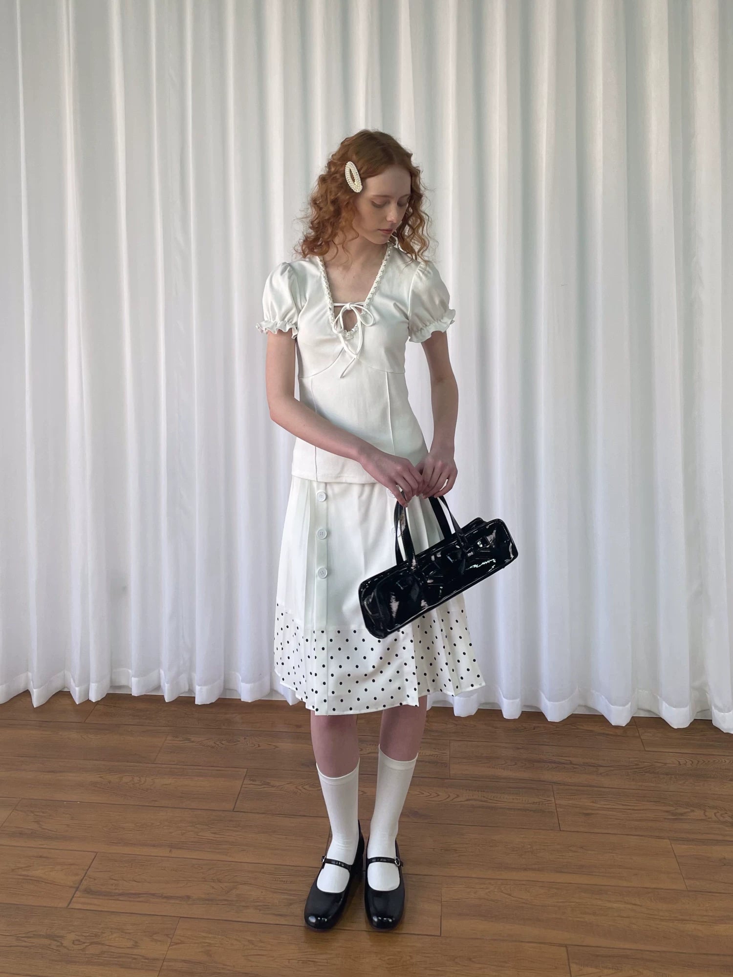 Loosesmell Double Breasted Splicing Polka Dot Crease Skirt