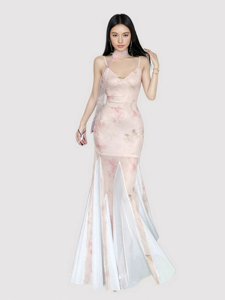 FUNOFF Backless Scarf Suspender Fishtail Dress