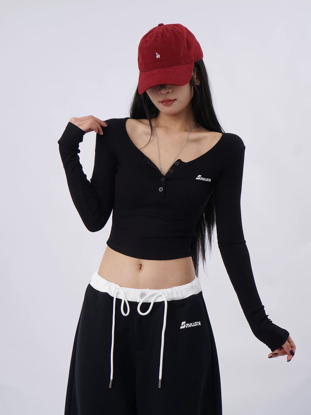 SAMUSAN Semi-open Neck Slim-fitting Versatile Long Sleeves