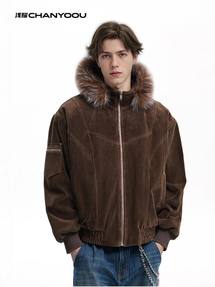 CHANYOOU Retro Seat Mountain Carving Deconstruction Fur Collar Hooded Cotton-padded Coat