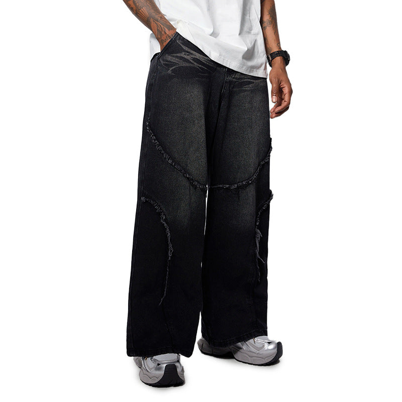 Inflation Loose Old Washed Rough Edge Stitching Jeans