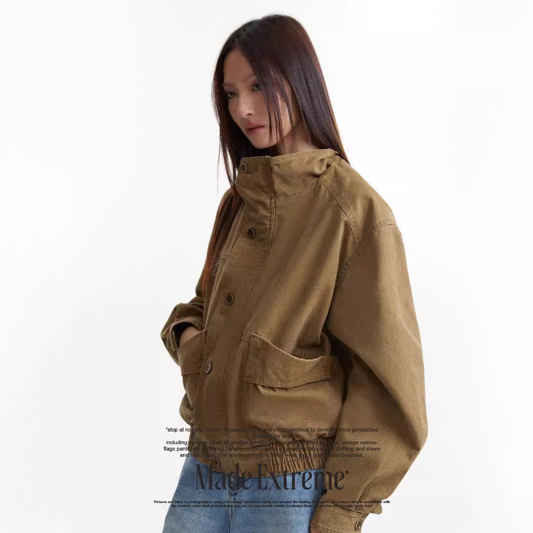 (Clearance) MADEEXTREME Vintage Turtleneck Neutral Loose Denim Jacket