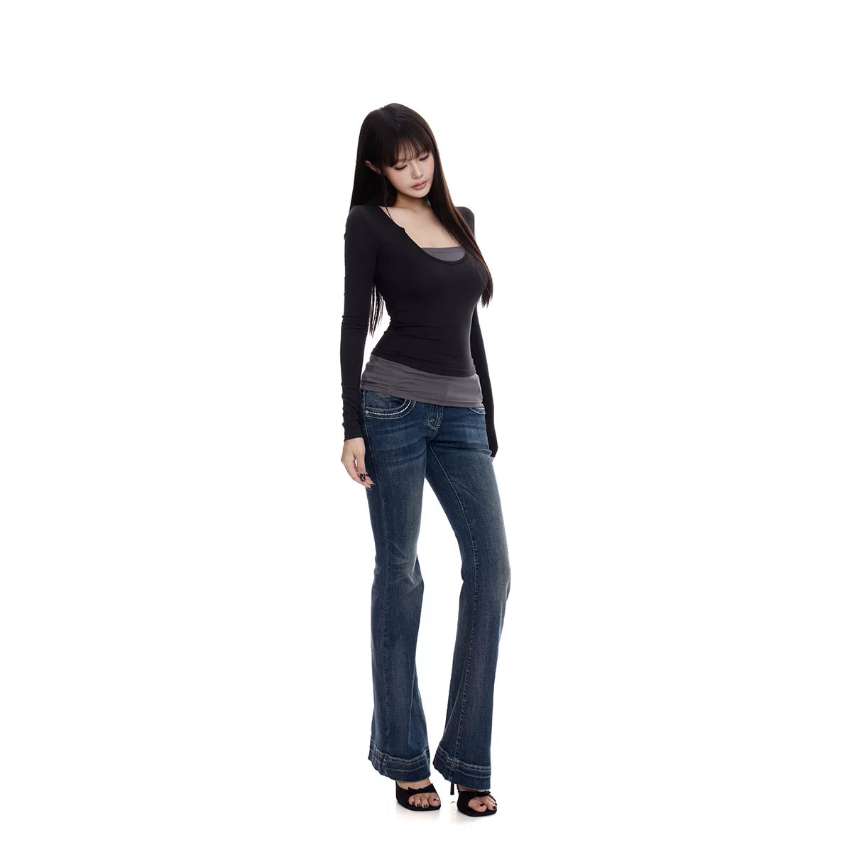WITHMIN Fake Two-piece Contrasting Color Slim-fitting Front Shoulder Long Sleeves