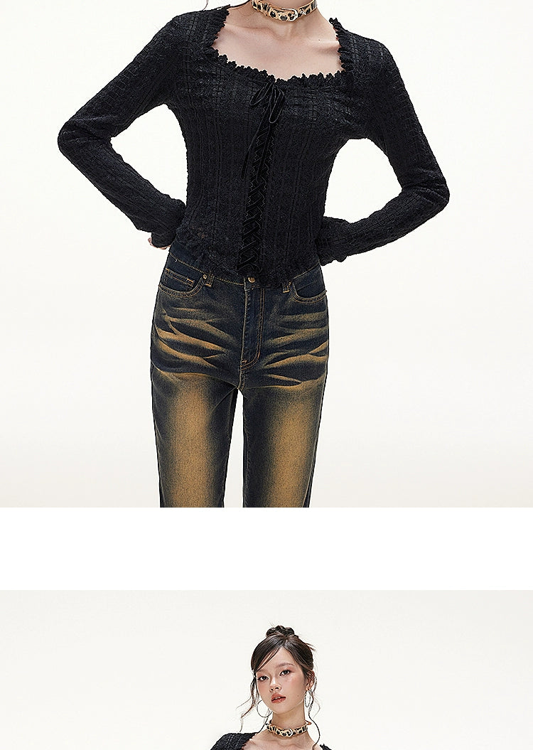 IMONE Velvet Strap Lace Square Collar Long Sleeve