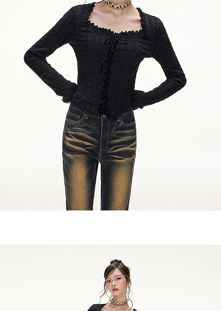 IMONE Velvet Strap Lace Square Collar Tee