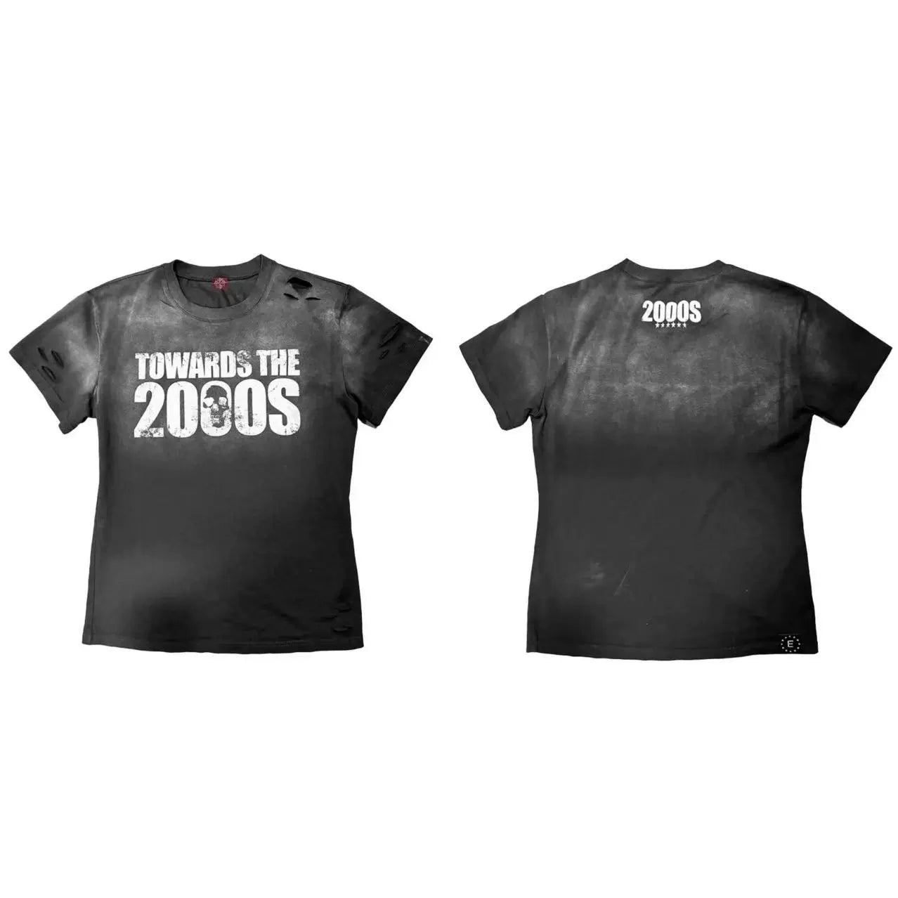 DETW 25ss * "2000S" washing destruction slogan front shoulder slim short sleeve Tee