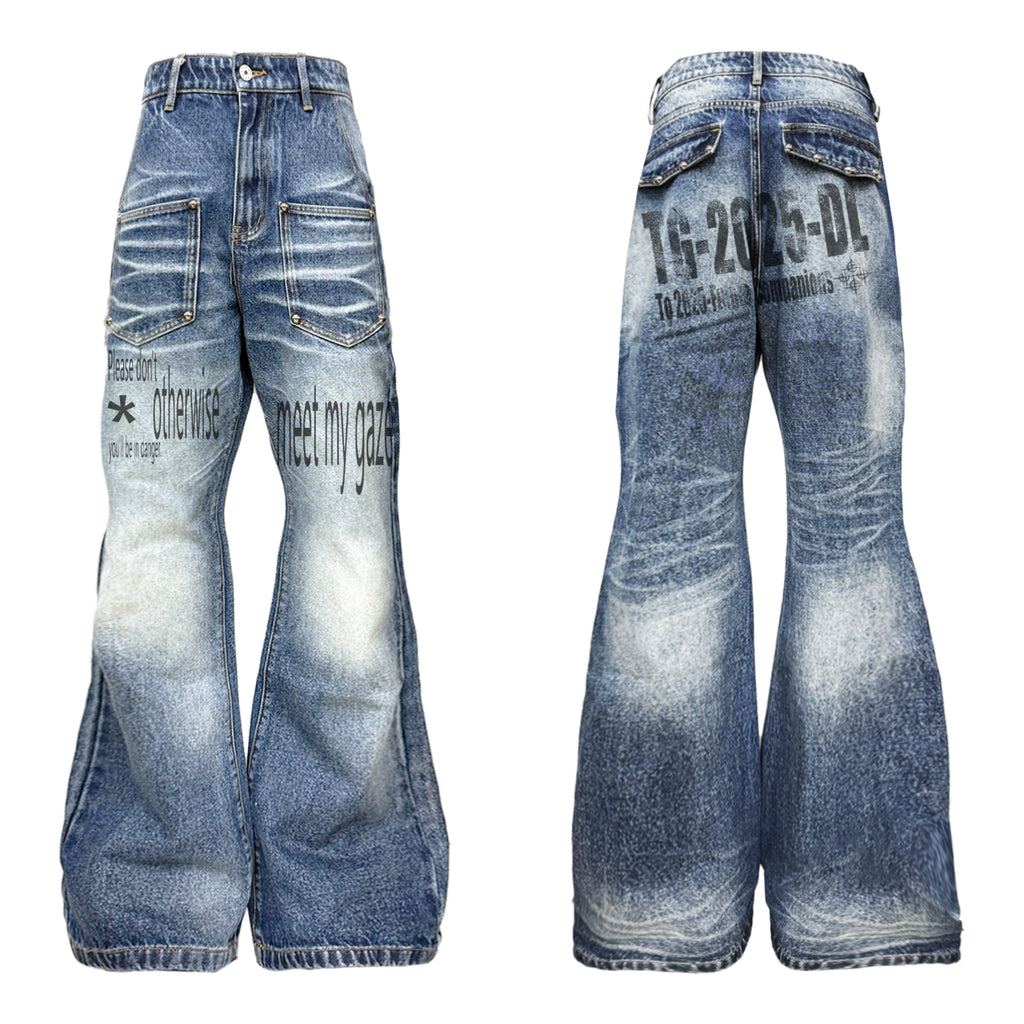 DETW Retro Cow and Cat Whisker Micro-pull Rivet Versatile Jeans