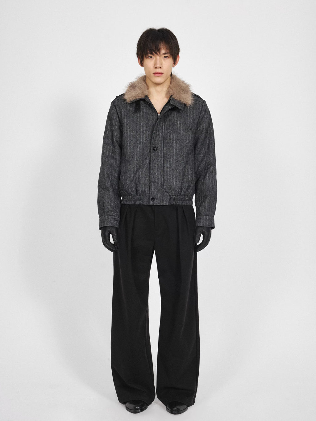 Stay The Night Striped Front Shoulder Removable Fur Collar Cotton Suit