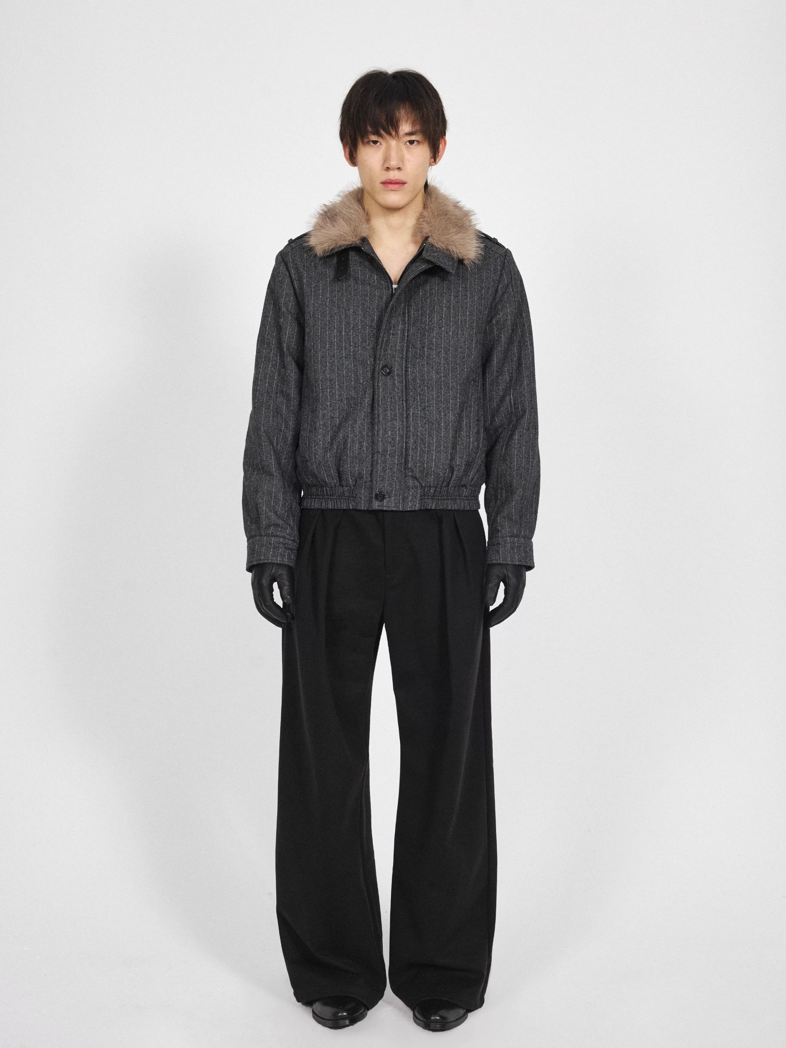 Stay The Night Striped Front Shoulder Removable Fur Collar Cotton Suit