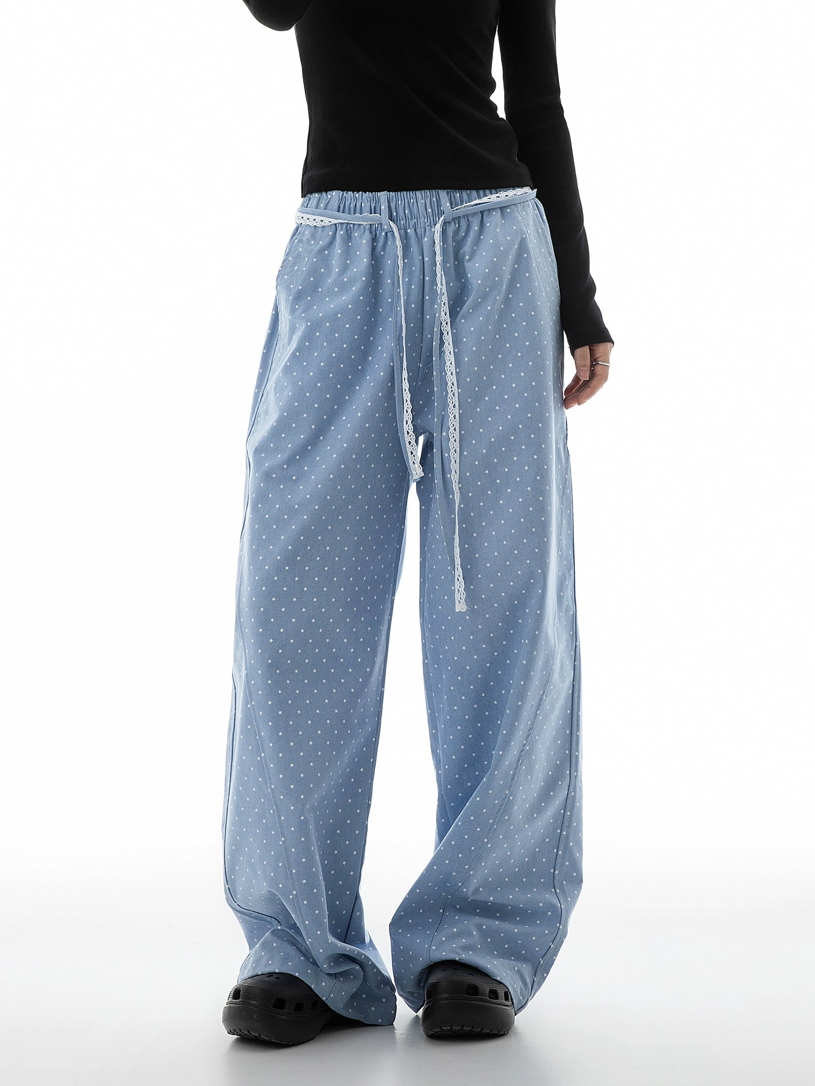 ICH MODE Vintage Star Straight Elastic Waist Wide Leg Pants